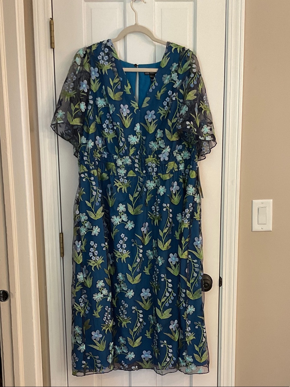 Maggy London Teal Floral V-Neck Midi Dress